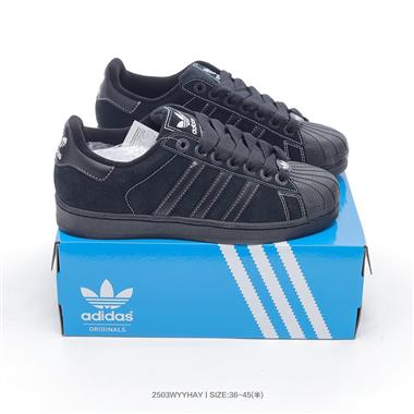 Adidas Originals Superstar經典貝殼頭系列全黑低幫百搭休閒運動板鞋